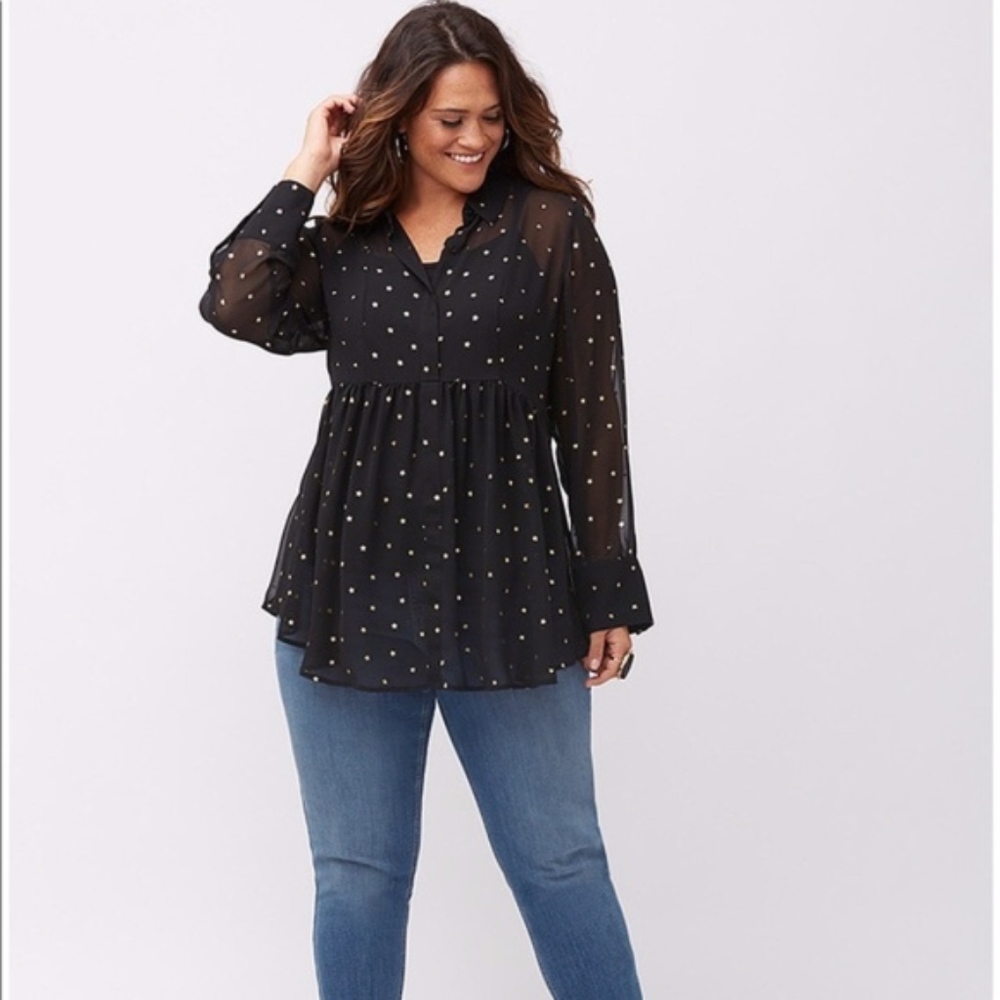 Sheer black blouse with gold stars